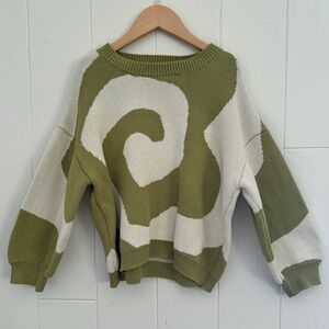 Chunky, Oversized 100% Cotton Green and Cream Crewneck Sweater - Size 9-10